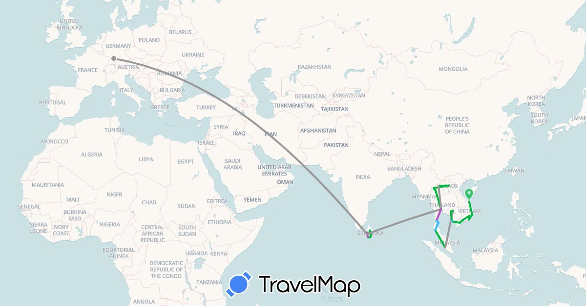 TravelMap itinerary: driving, bus, plane, train, boat in Germany, Cambodia, Laos, Sri Lanka, Malaysia, Thailand, Vietnam (Asia, Europe)